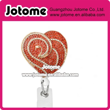 

Gold tone Red heart Rhinestone retractable ID badge holder reel for Valentine's Day
