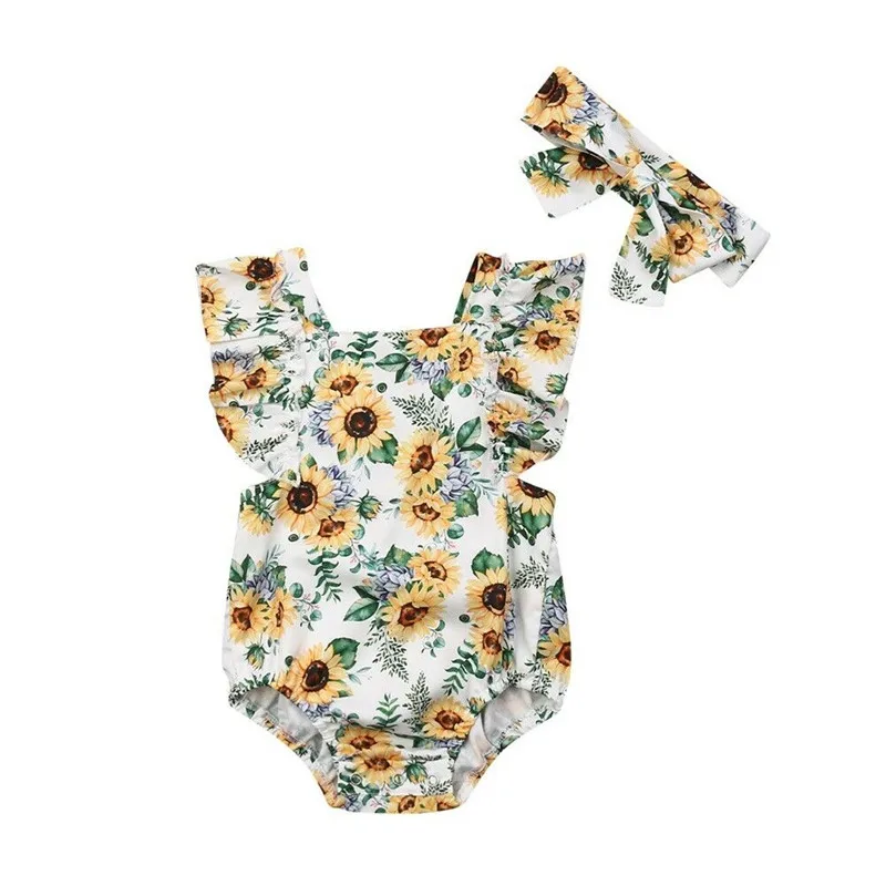 

Summer Toddler Newborn Baby Girl Clothes Ruffle Sunflowers Printing Jumpsuit Bodysuit+Headband Outfit 2Pcs Sets