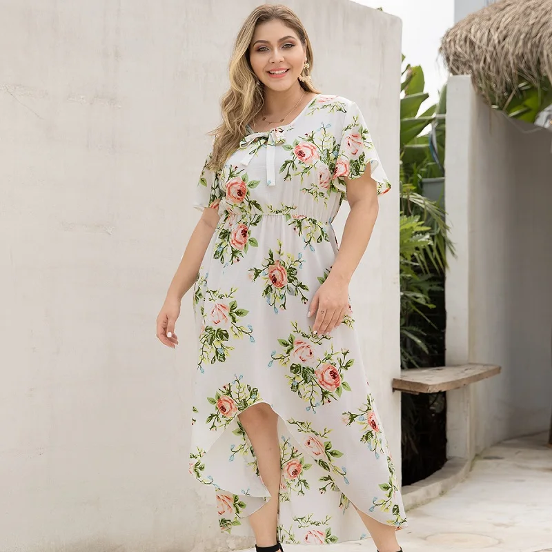 

Beach Summer Plus Size Women Tuxedo Long Dress Floral Print Maxi Elastic High Waist Female Short Sleeve Summer Dress Holiday New