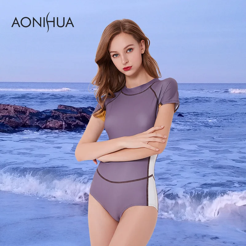 Женский спортивный купальник AONIHUA пляжная одежда с коротким рукавом фиолетовый
