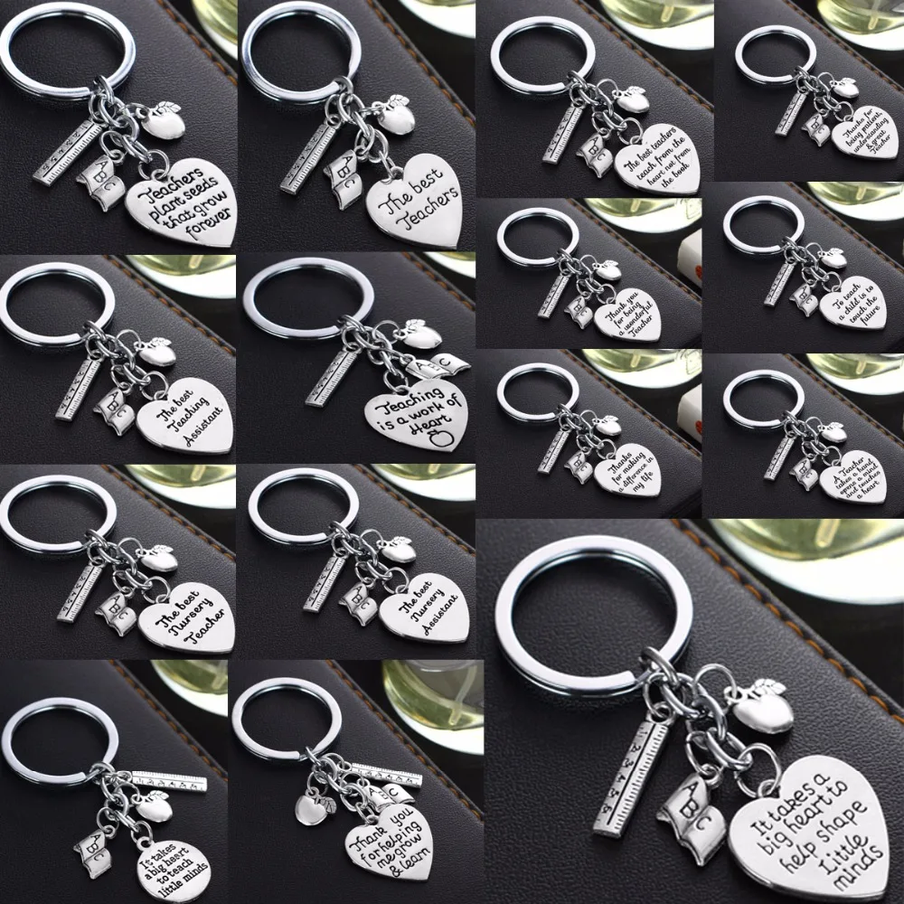 

Teacher's Day Gifts Appreciation Teachers Keychain Thank You Teacher Jewelry Chic Love Heart Apple Ruler ABC Book Charms Keyring