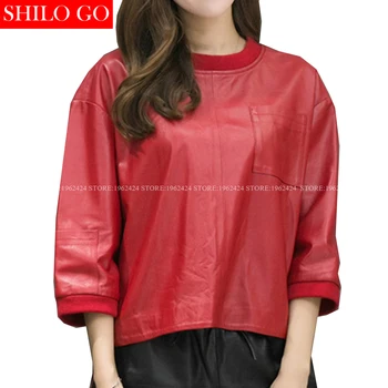 

SHILO GO New Fashion Women Loose O-Neck Red Front Pocket Bat Sleeve Sheepskin Genuine Leather Short Blouse Ladies Casual Blouse