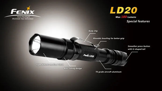 

Fenix LD20 XP-G LED (R5) with a lifespan of 50,000 hours Uses two 1.5V AA (Ni-MH, Alkaline ) batteries 150mm