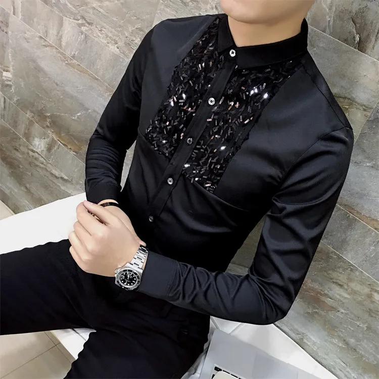 Прямая, мужская черно-белая рубашка с блестками для выступлений на сцене, повседневные рубашки с длинным рукавом для свадеб, 12 цветов
