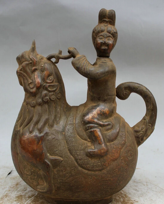 

S2937 11" Chinese handwork Purple Bronze Old Belle Ride Dragon Statue Teapot Wine Pot D0318
