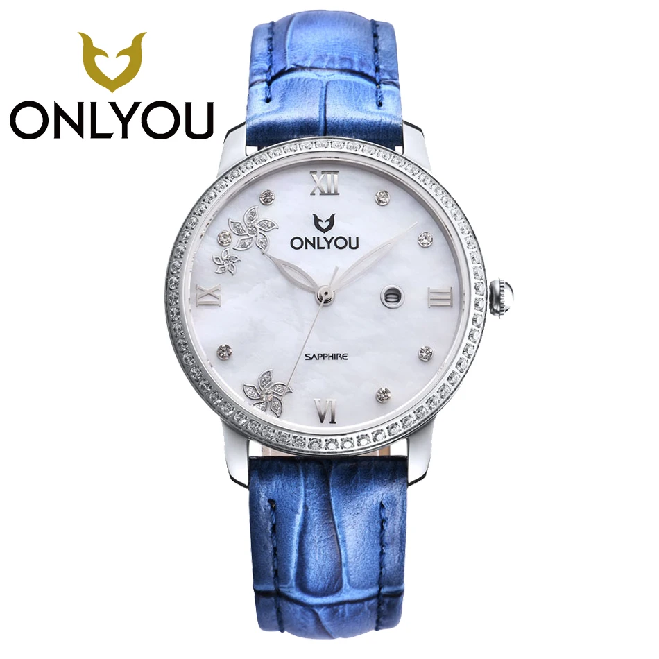 

ONLYOU New Women Watches Fashion blue Leather Strap Diamond Quartz Ladies generous Dress Watches Female Casual Rose Gold Watches