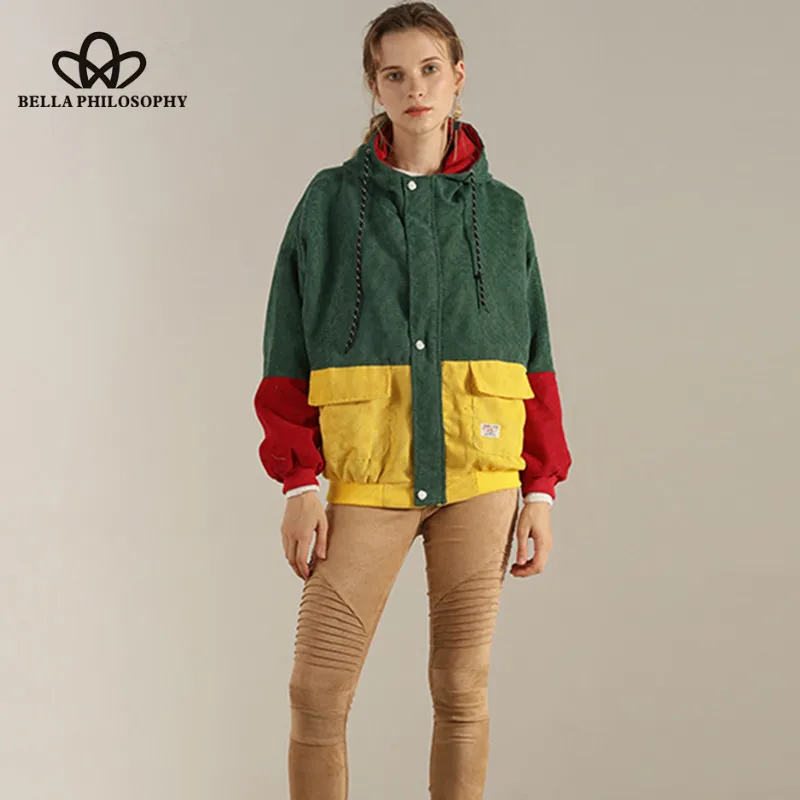 Wonder 2018 new autumn color block Women Long Sleeve Corduroy jacket Patchwork Winter chic Jacket jeans jacket women plus size