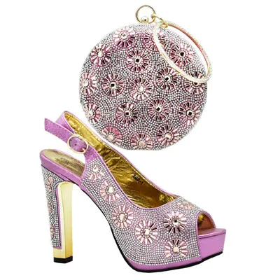 Комплект из женских туфель и сумочки, украшенных стразами; Итальянская обувь с сумочкой; комплект из свадебной обуви и сумочки в африканском стиле высокого качества - Цвет: Розовый