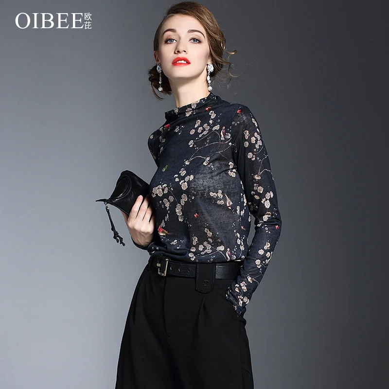 

OIBEE 2019 Fashion Women High Quality Bodycon Long Sleeve Hollow Out Print Knitted T-shirt