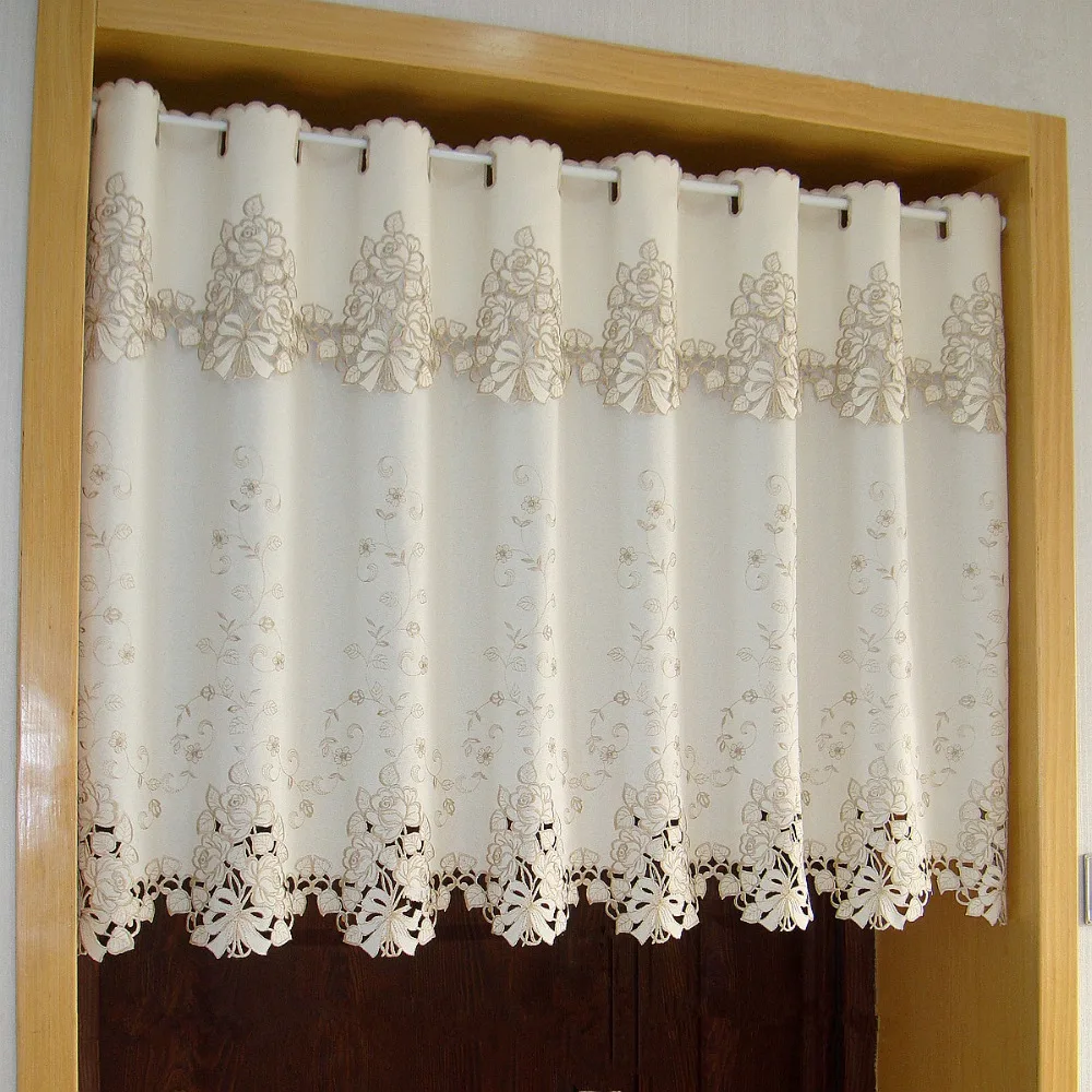 

High quality Luxurious Half-curtain Embroidery Hollow Lace Coffee Curtain Cream Color Hem Tulle Curtain for Kitchen Cabinet Door