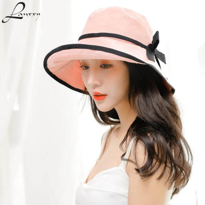 

Lanxxy Spring Summer Hat Black Bowknot Bucket Hats Outdoor Beach Caps Female Fishing Hat Casual Panama