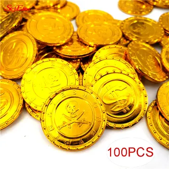 

100Pcs Plastic Golden Dollar Sign Coin and Captain Pirate Coin Baby Kids Props Home Decor Ornaments Non-currency Coins 6ZHH265