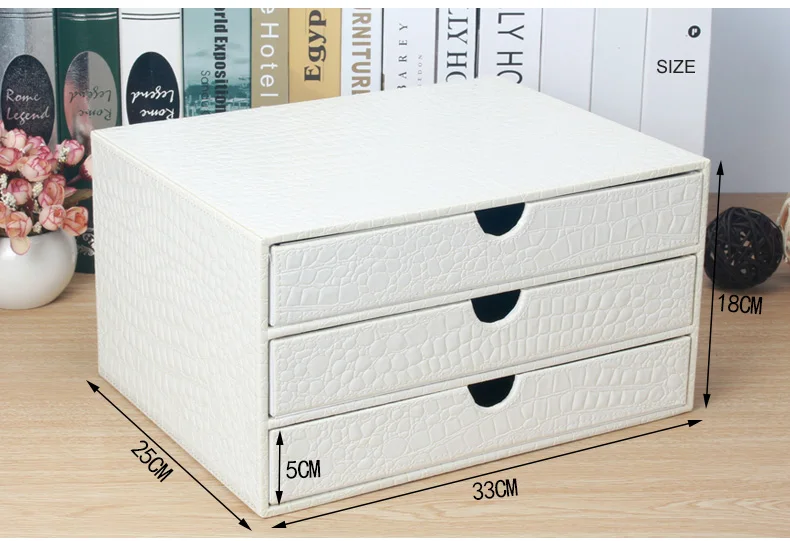 Office 3 Drawer Wooden Leather Desk A4 File Cabinet Drawer Box
