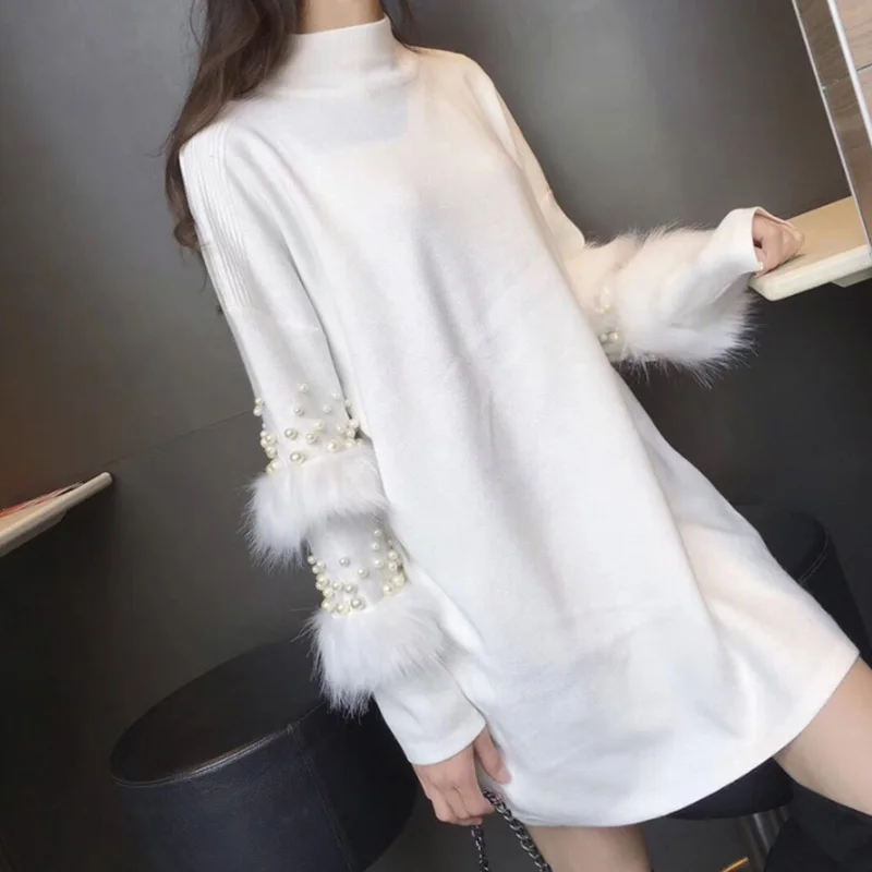 Winter Long Sweaters Women Casual Pullover Jumpers Real Rabbit Fur Sweater pull femme Pullovers bead Pearl turtleneck jumper