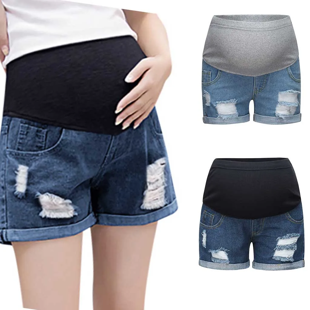 

Pregnant Woman Ripped Jeans Maternity Solid Short Pants Nursing Prop Belly MM73
