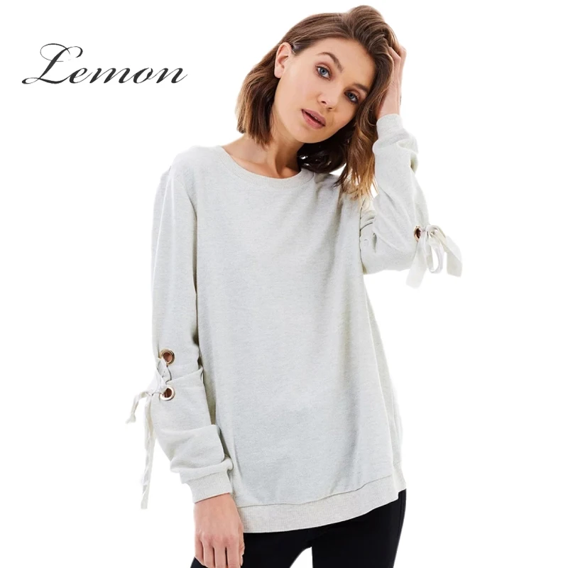 Lemon Hoodies Solid Gray Full Sleeve Lace up Loose Casual Top Bow