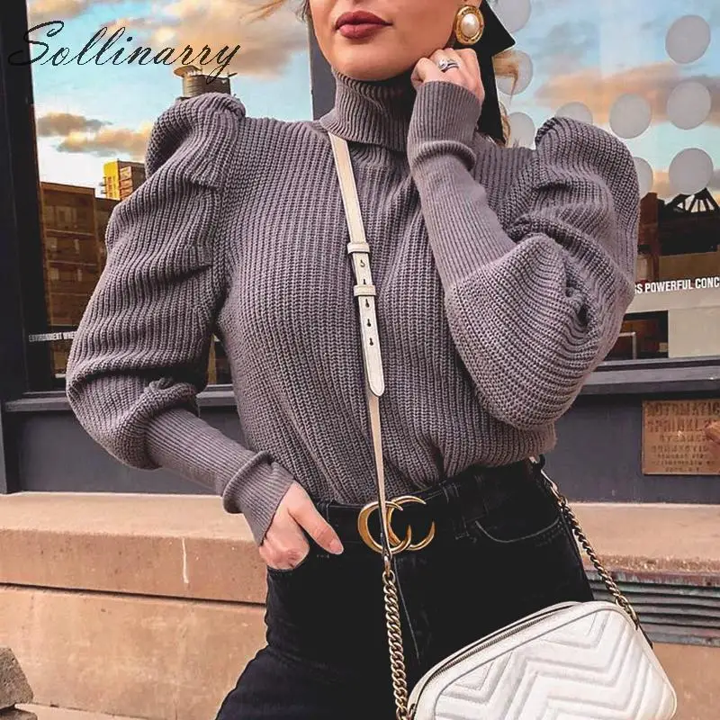 

Sollinarry Turtleneck Puff Sleeve Winter Sweaters Women Purple Autumn High Waist Fashion Women Sweater Knitted Jumpers Pullovers