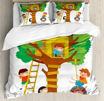 

Kids Duvet Cover Set Cheerful Little Boys and Girl Playing in a Tree House Happy Childhood Friends Cartoon Bedding Set
