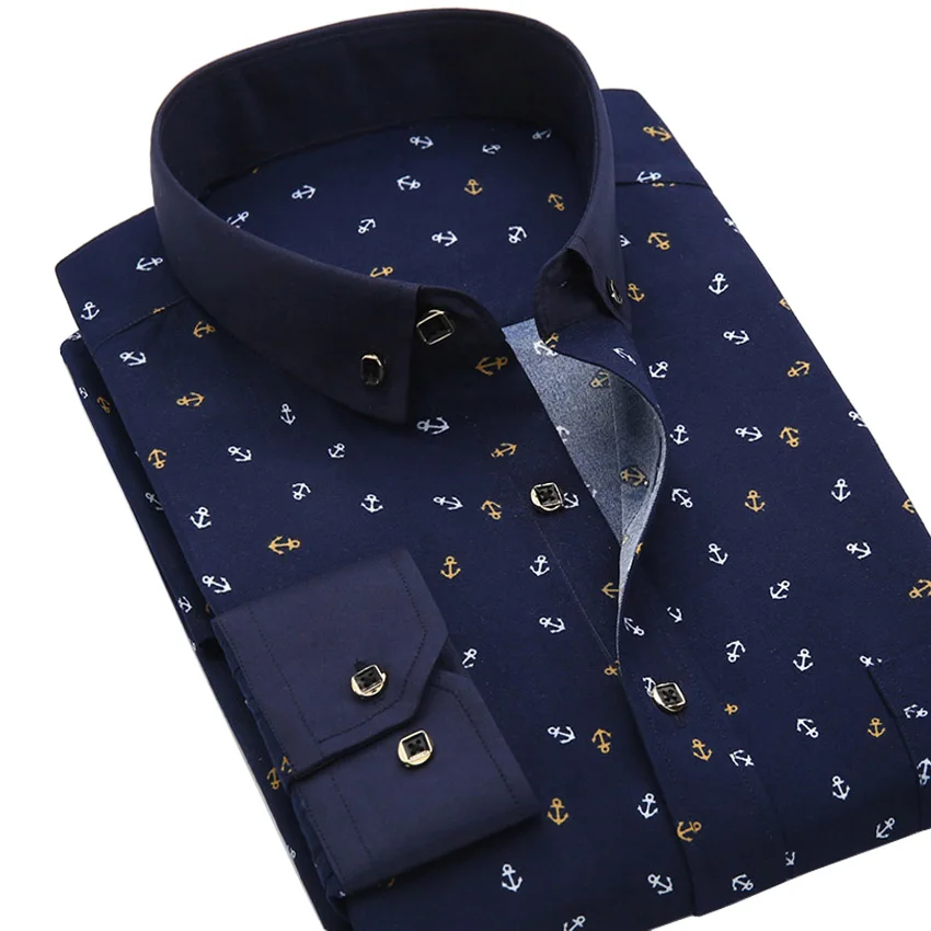 New Spring Men Casual Shirts Fashion Long Sleeve Brand Printed Button-Up Formal Business Polka Dot Floral Men Dress Shirt