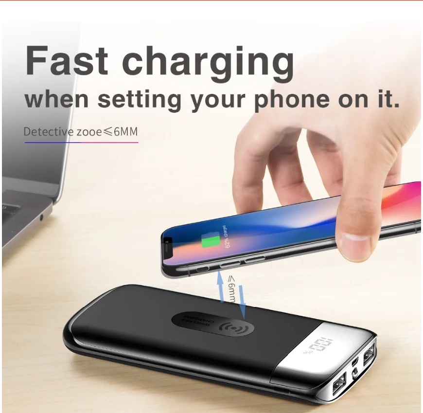 

10000mah External Battery Bank Powerbank Built-in Wireless Charger Power Bank Portable for iphone x xr QI Wireless Charger