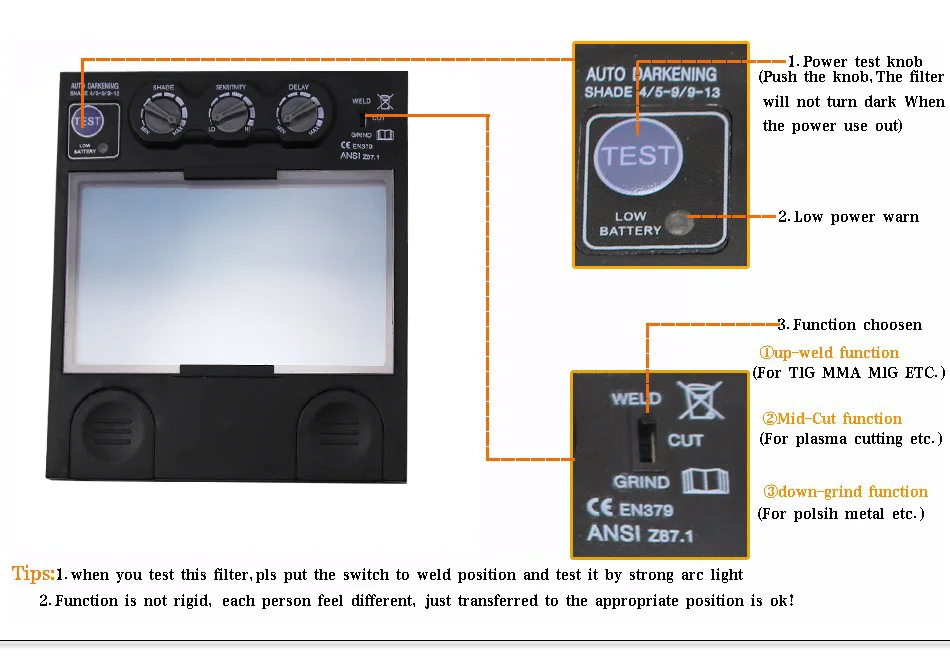 Сменная батарея 4 дуги датчик большой вид Солнечная Автоматическая Затемнение/затенение Шлифовка/полировка сварочный шлем/сварочные