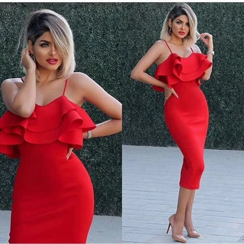 

New Arrive 2018 Women Elegant Red Bandage Dress Spaghetti Strap Strapless Cascading Ruffle Sexy Chic Backless Vestidos Clubwear