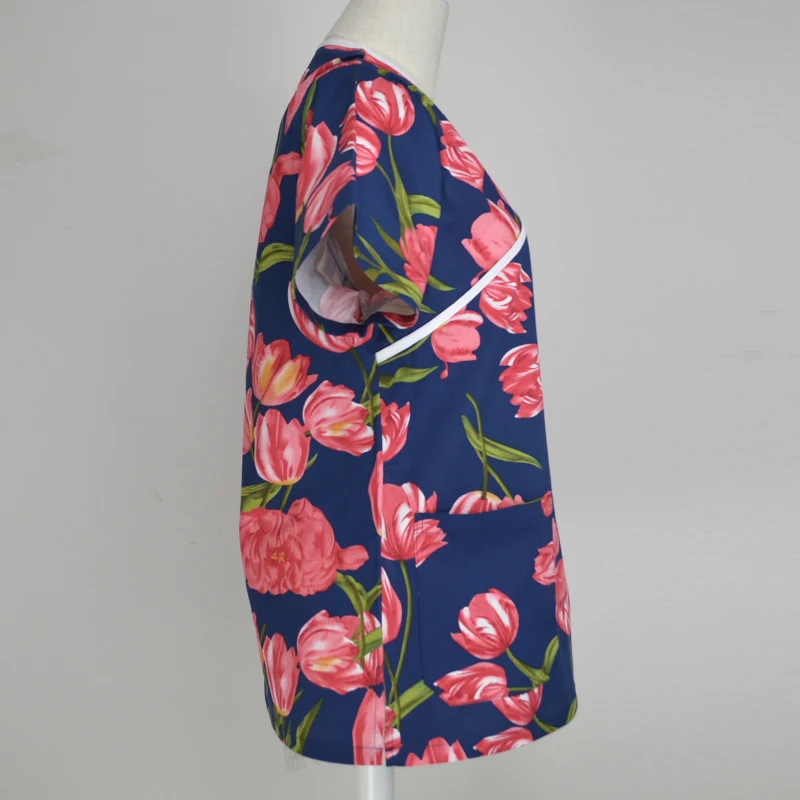 [TOP] Women's Fashion Tulips Flower Printing Scrubs TOP with Back Tie