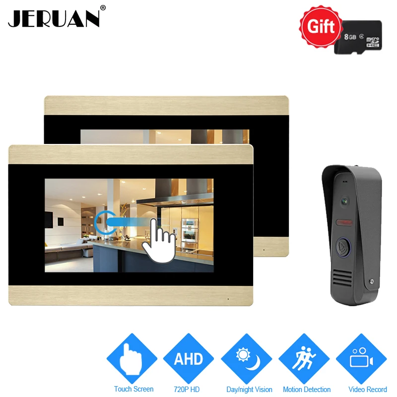 

JERUAN 720P Motion Detection 7 inch Touch Screen Color Video Door Phone Intercom System 2 Record Monitor +AHD HD Mini Camera 1V2