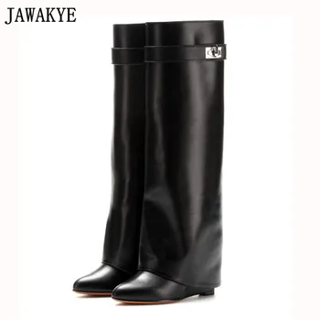

JAWAKYE Fashion genuine Leather Shoes Woman Pointed Toe Motorcycle Booties Belt Strap Metal Shark Lock Wedge Knee High Boots