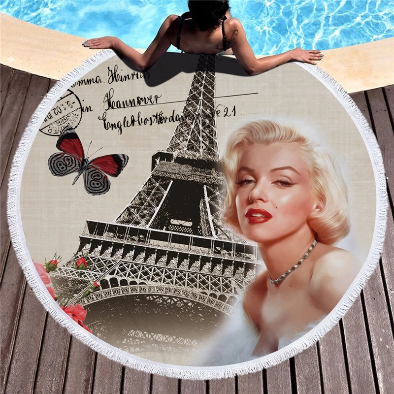 

Casegrace Retro Marilyn Monroe Round Beach Towel With Tassels Vintage Big Ben Yaga Blanket Picnic Mat Flower Bath Towel