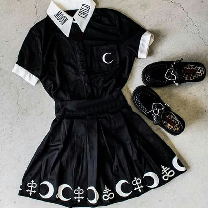  Gothic Blouse Black Moon Child Print Short Sleeve Loose Casual Female Shirts Plus Size S-5XL Darkne