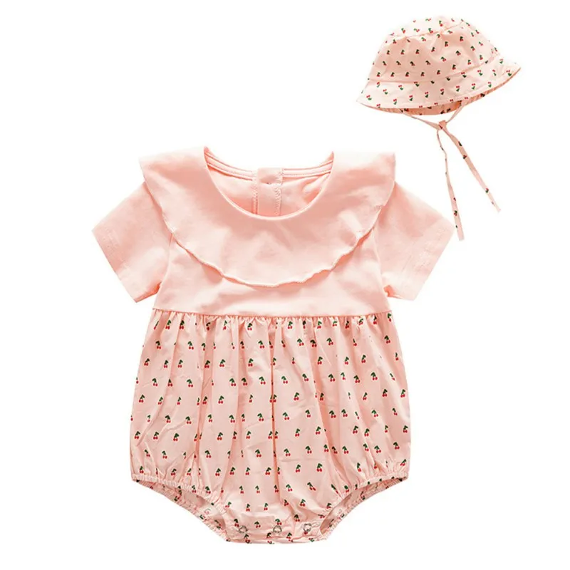 

Cute Infant Summer Short Sleeves Lotus Leaf Collar Cartoon Cherry Print Girls Jumpsuit +Hat 2pcs 0-3Y Newborn Baby Clothes