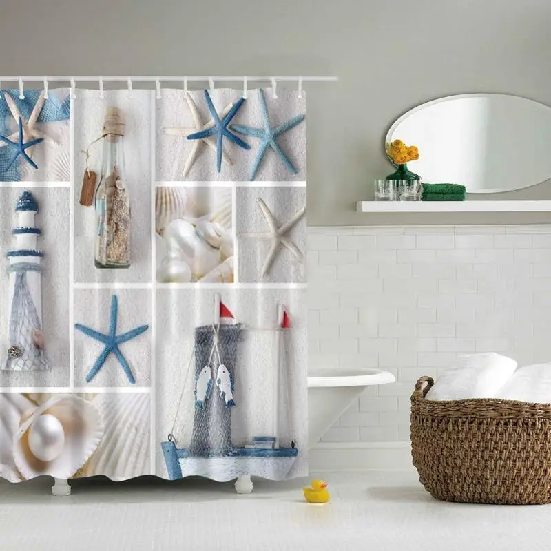 Sea Shell Starfish Shower Curtain 180*180cm PEVA Bathroom Waterproof 12 Hooks 