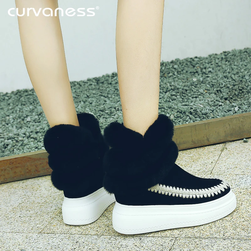 

Curvaness Women Real Leather Thick-soled Short-barrel Snow Boots Female Rabbit Hair With Wool And Warm Snow Boots Winter Boots