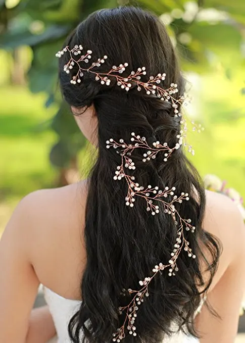 Missgrace Bridal Rose Gold Extra Long Hair Vine Rhinestones Headpiece Wedding Hair Accessories (1)