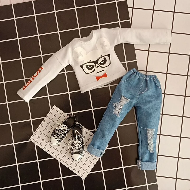 

1PCS Doll's Blyth Clothes Cartoon Long-Sleeve T-shirt/Jeans for ob24 Azone Licca Blyth Pants 30CM For 1/6 Doll Accessories