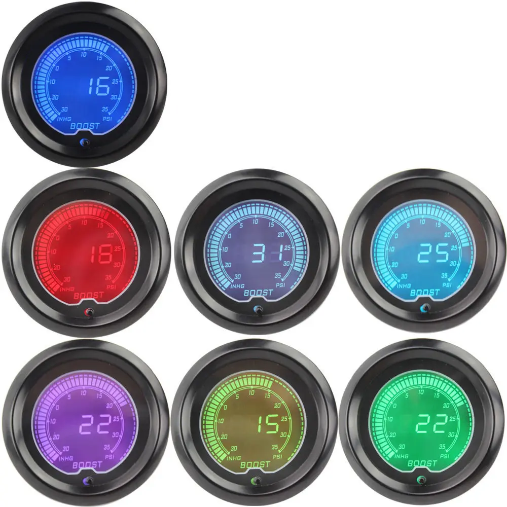 EE support 2" 52mm Blue 7 Color LED Light Turbo Boost Gauge Vacuum Car
