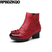 Марочный осень красный коренастый обувь на каблуке женские ботильоны Круглый носок осенняя водонепроницаемый цветок Китайский женская короткая китайский женский мода
