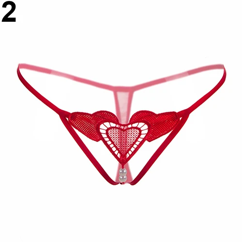 Women Sexy Hollow Heart Faux Pearl Erotic Underwear G String Briefs 