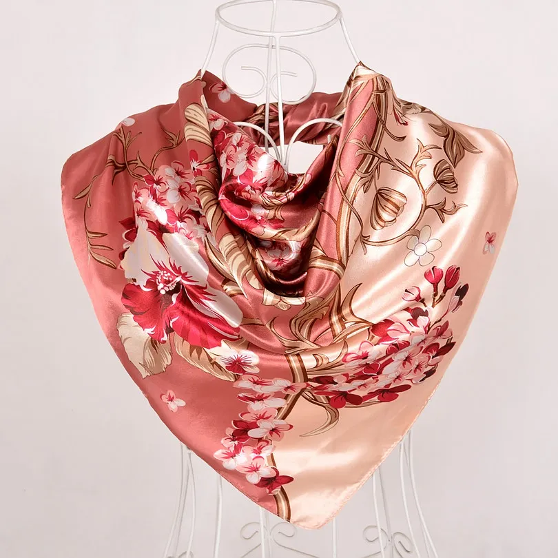 beige pink Элегантный женский большой квадратный шелковый шарф с принтом, 90*90 см, модный весенний и осенний серый и фиолетовый Шелковый шарф из полиэстера, шаль - Цвет: beige pink
