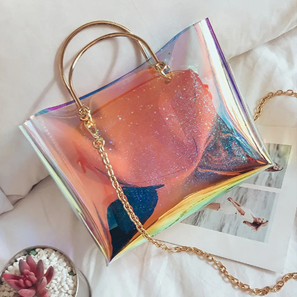 

Drop Dazzling Laser Jelly Women Bag Tote Handbag Shoulder Bag Summer Beach Transparent Hologram Laser Messenger Bag For Women