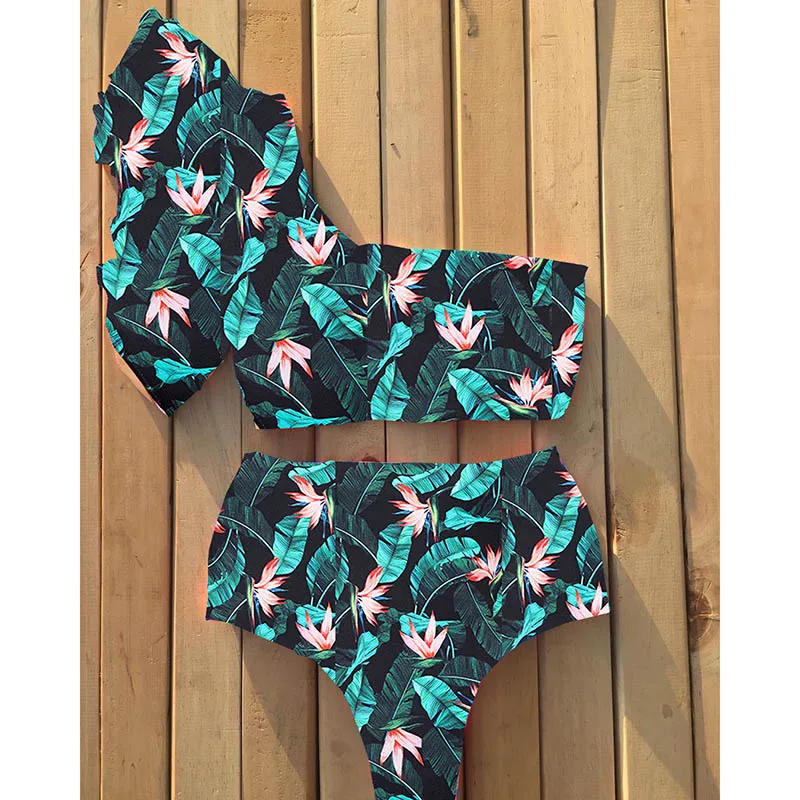 FREE SHIPPING New Sexy One Shoulder Bikinis Women Swimsuit Ruffle Swimwear High Waist Bathing Suits Beach Wear Biquini Female JKP2781