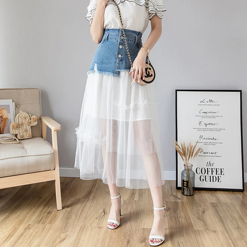 

Summer Patchwork Mesh Lace Denim Skirt High Wiast Rippe Jeans Skirt For Women Casual long Front Buttons Denim Skirt A Line