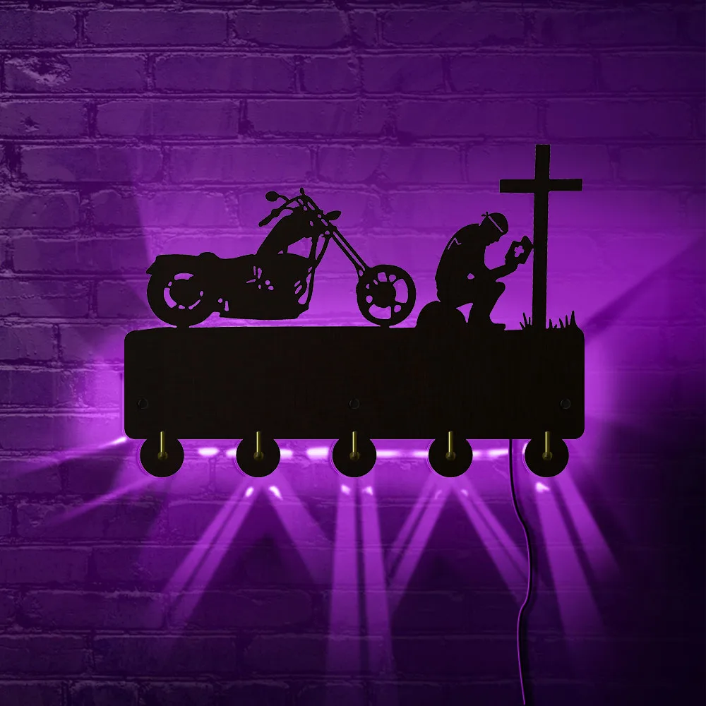 

Christian Biker Praying At Cross Motorcycle Decor Wall Light Hook Clothes Bag Key Holder Hanger Motorbike Riders Motorcyclist