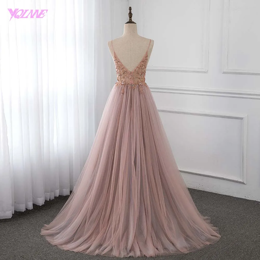 Kaufen Süße Düstere Rosa Kristall Prom Kleider Lange Straps Spaghetti Sehen Durch Tüll Abendkleid Slit Rechts YQLNNE