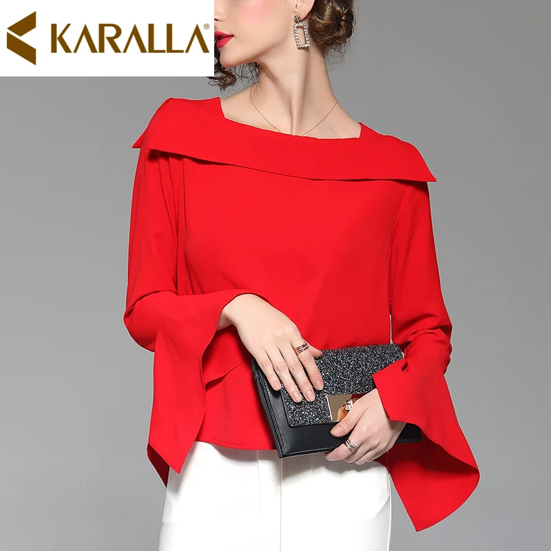 

Individual Character Pure Color Women Slash Neck Chiffon Shirt 2019 Spring Female Flare Sleeves Blouse C639