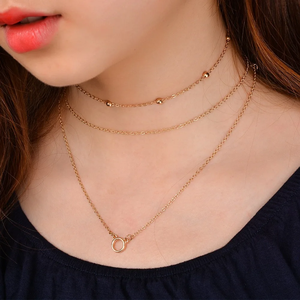Multi Layer Gold Chain Necklace For Women Fashion Round Charm Short
