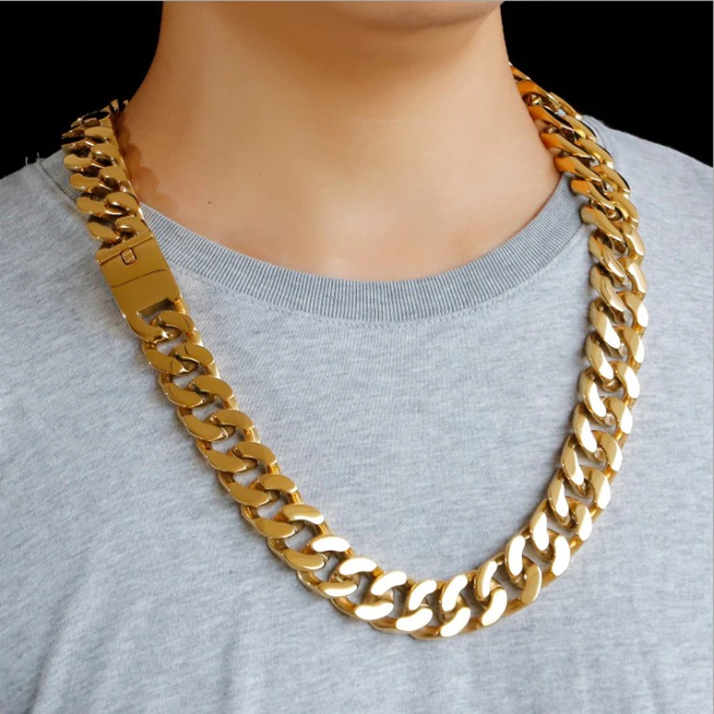 

20mm Heavy Punk Men 18K Gold Color Cuban Curb Link Chain Necklace Hiphop Polished Stainless Steel Bike Choker Neck Jewelry