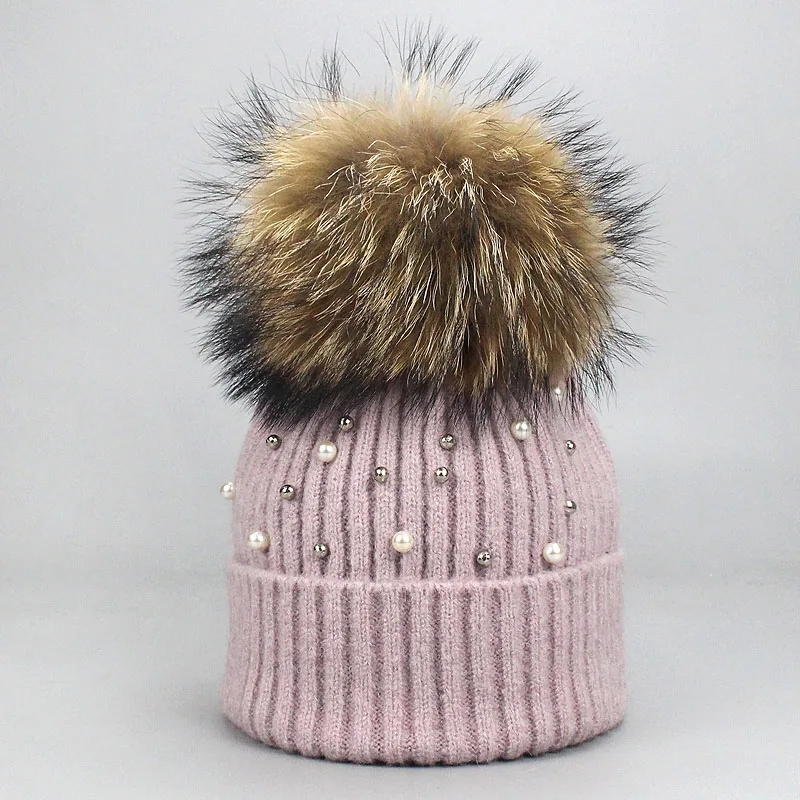 New Wool Beanies Women Real Natural Fur Pom Poms Fashion Pearl Knitted Hat Girls Female Beanie Cap Pompom Winter Hats for Women - Цвет: C