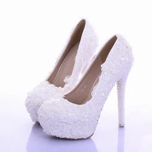 Sparkling White Lace Bridal Dress Shoes Handmade Wedding Shoes Real Leather Prom Party Pumps Bridesmaid Shoes Plus Size